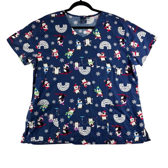 Zoe + Chloe Penguin Scrub Tops Women's XL Blue Nurse Medical Work Uniform Vet - Picture 1 of 7